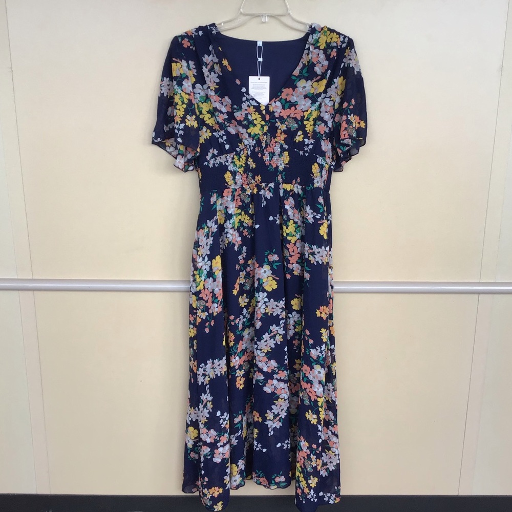 New Galocmo blue floral maxi dress size large sheer sleeves & elastic waistband